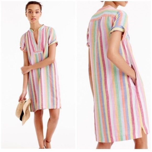 J Crew Women's Rainbow Candy Striped Pockets Linen Blend Dress Sz XXS - Picture 1 of 9